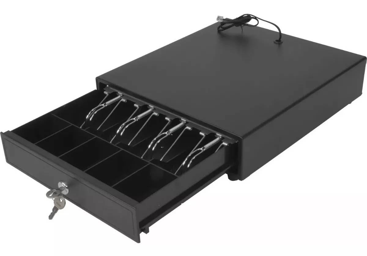 Cajon de Dinero Metalico Compartimento para 4 Billetes y 5 Monedas, Cable de Conexión RJ11 a Computadora o Impresora, Punto de Venta Caja Registradora