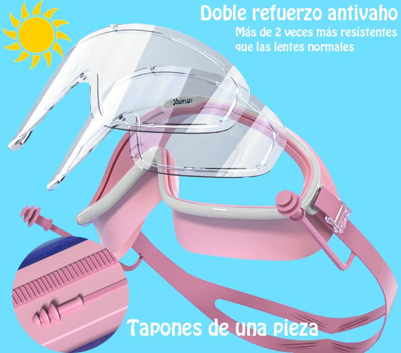 MARIA D - Goggles de Natacion,Gafas de Gorro de Natacion para Ninos,Patrón de Tiburón Amarillo Azul,Kit de Natación 3 en 1 Equipo Silicona, Antivaho, Resistentes a Los Rayos UV, Visión Amplia y Clara
