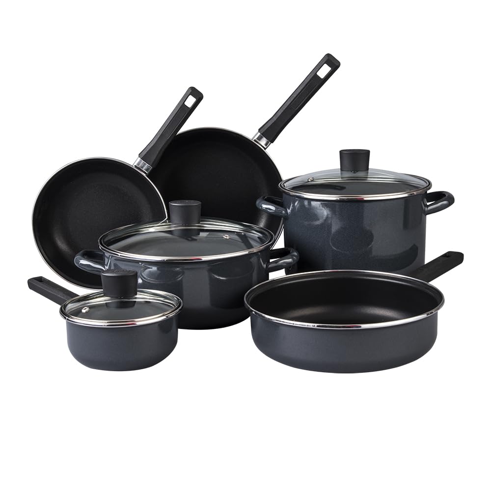 Cinsa Batería de cocina Mega Óptima 9 piezas, Peltre pesado con antiadherente con tapas de vidrio templado, Negro