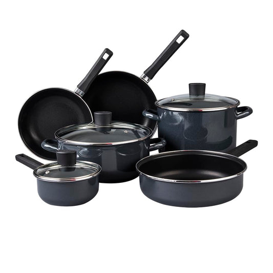 Cinsa Batería de cocina Mega Óptima 9 piezas, Peltre pesado con antiadherente con tapas de vidrio templado, Negro