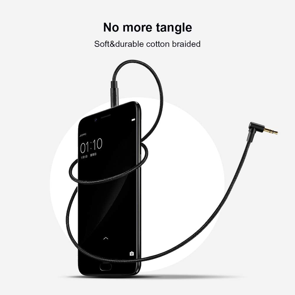 CableCreation Cable de audio auxiliar estéreo HiFi de 3,5 mm 3 metros, ángulo recto de 3,5 mm con núcleo de cobre plateado para estéreos de automóviles, iPhones, negro