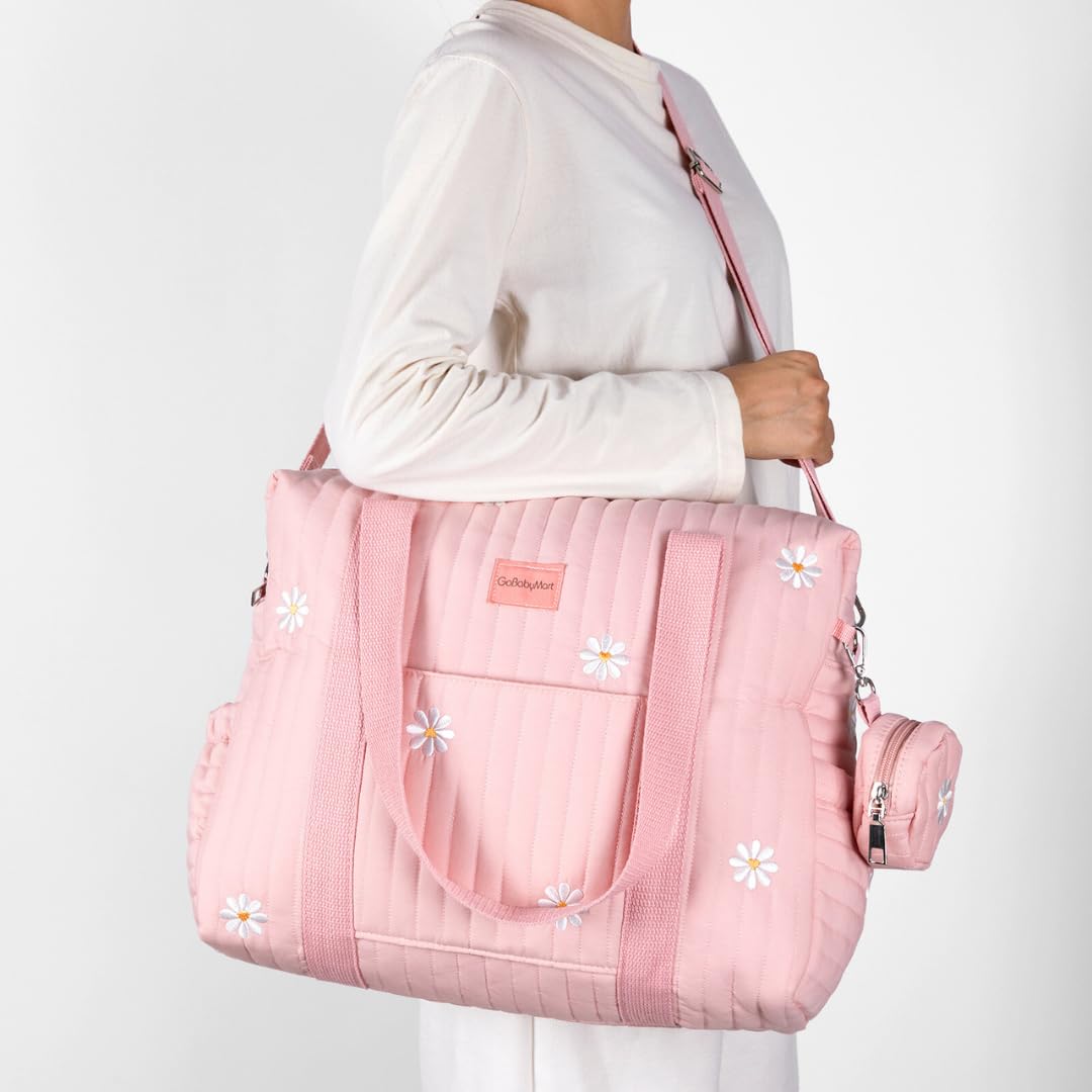 GOBABYMART - Juego de 3 bolsas de pañales, bolsa de hospital para trabajo y parto, bolsa de viaje de maternidad con cambiador y estuche para chupete, Medio - Flores rosadas, 15 inches x 12 inches x 6
