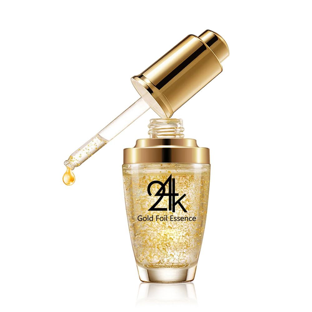 Serum Treatment for Women: 24K Gold Foil Essence with Hyaluronic Acid - Anti Aging, Wrinkle Moisturizing, Firming Face Care - 30ml