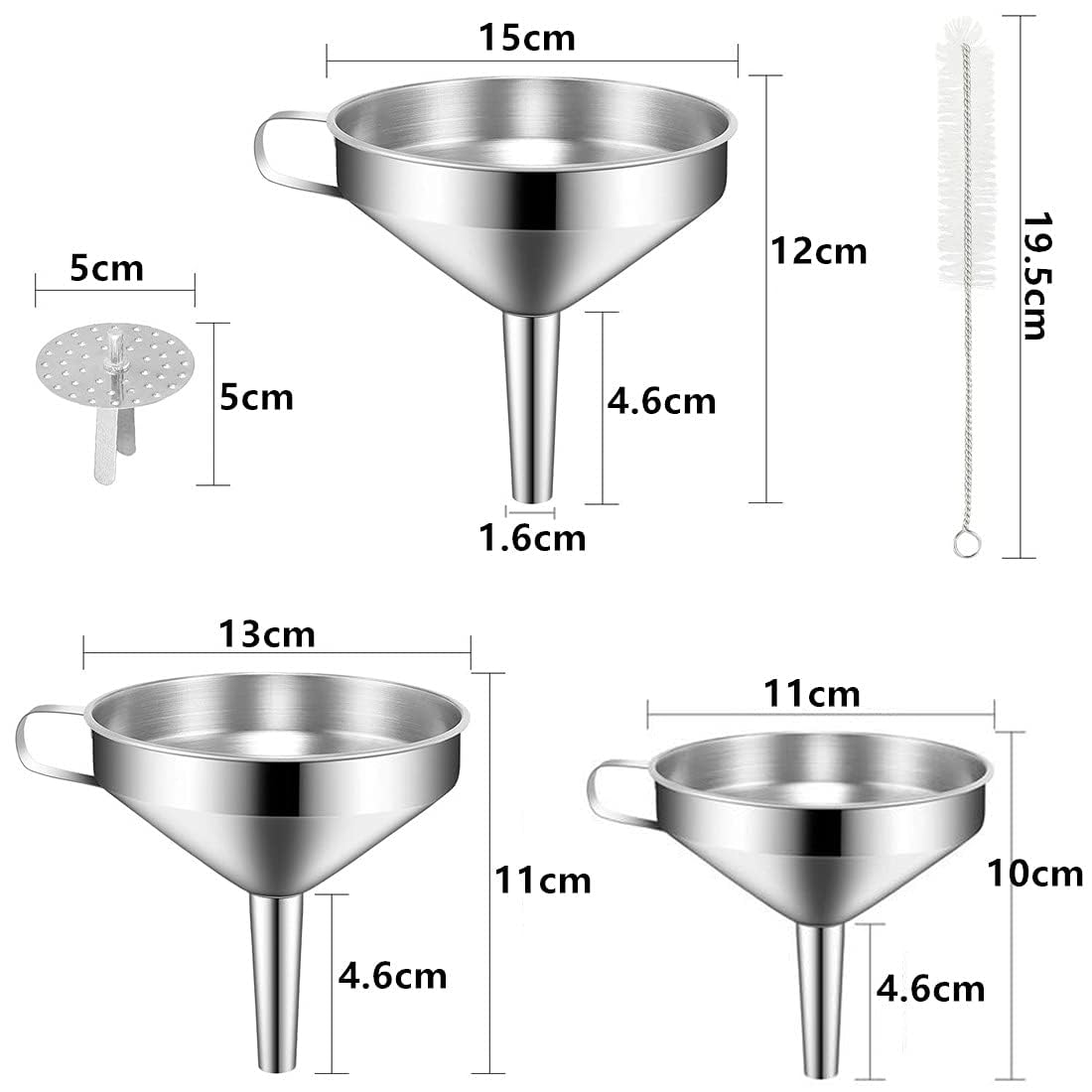 Juego de Embudos de Cocina con Coladores y Cepillos de Limpieza Apto para Líquidos aceites mermeladaingredientes secos y polvo 11 cm 13 cm 15 cm