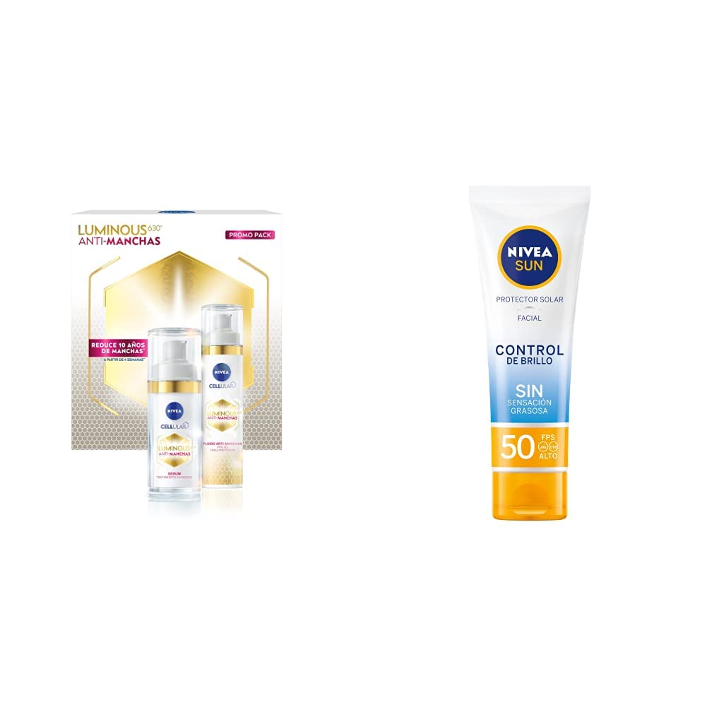 NIVEA Rutina Anti-manchas Rutina Facial Completa Luminous 630 (2 piezas), Enriquecida con Ácido Hialurónico Serum facial 30 ml + Fluido facial FPS50 con Vitamina E 40ml + Sun Protector