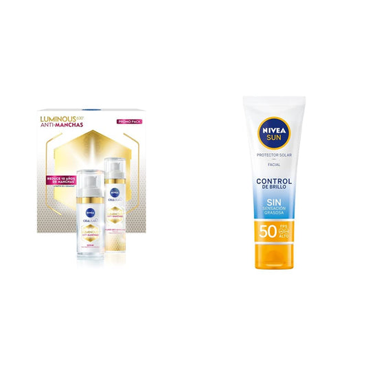 NIVEA Rutina Anti-manchas Rutina Facial Completa Luminous 630 (2 piezas), Enriquecida con Ácido Hialurónico Serum facial 30 ml + Fluido facial FPS50 con Vitamina E 40ml + Sun Protector