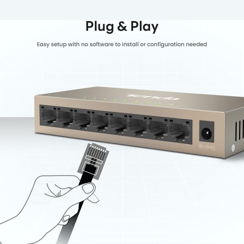 Tenda TEG1008M, Conmutador Gigabit de 8 Puertos, Conmutador Ethernet no gestionado con optimización de tráfico, Plug & Play, diseño metálico y sin Ventilador, protección Limitada de por Vida