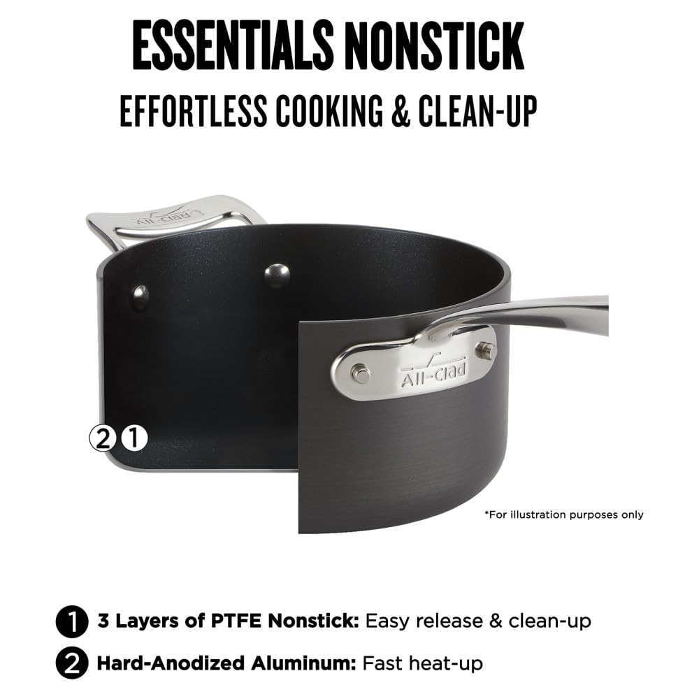 All-Clad Essentials - Juego de utensilios de cocina antiadherentes anodizados duros, 10 unidades, aptos para horno, ollas y sartenes 350F, color negro