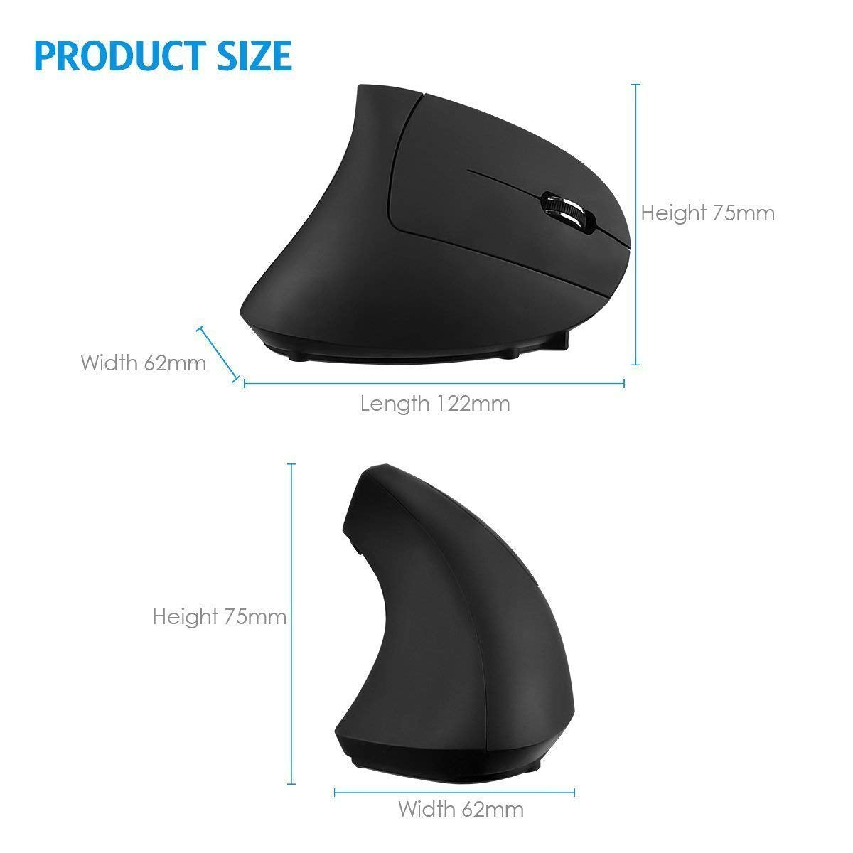 Charlemain Ratón Vertical Inalámbrico Ergonómico Recargable USB Ratón, 2.4 G ratón óptico para PC/portátil/Mac 800/1200/1600 dpi 6 Partes de Control-Negro