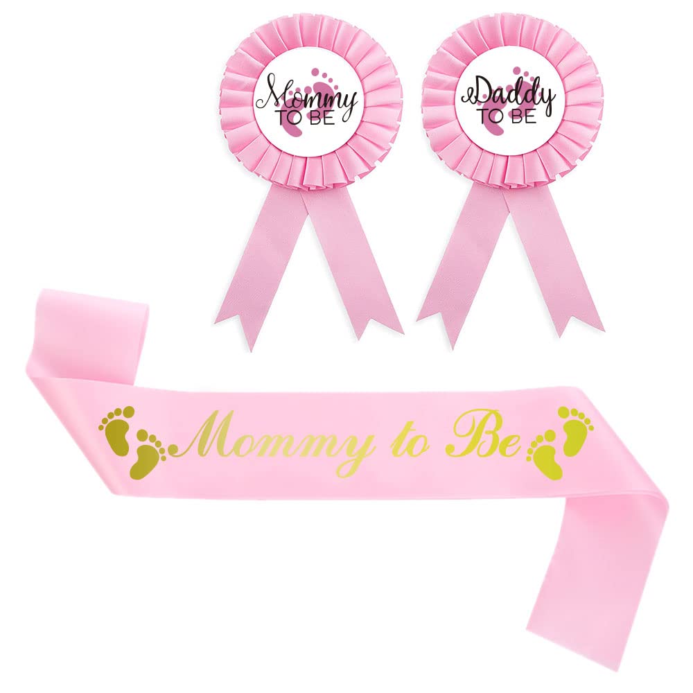 CoolerthingsDG, 3 unidades, insignia de papi to be & Mommy to be Hojalata rosa y una faja rosa para mamá a ser, con letras doradas, botón de baby shower, regalos para papá, regalo de género, para