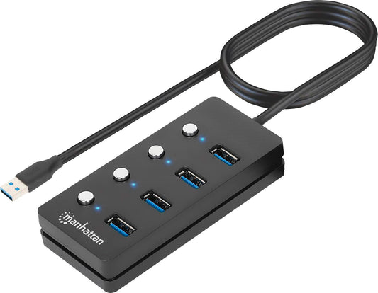 Manhattan Hub USB 180887 de 4 Puertos USB 3.2 con Interruptores de Encendido y Apagado por Puerto, SuperVelocidad de 5 Gbps, Cable Integrado de 1.5 m, Alimentación por Bus o CA, Negro