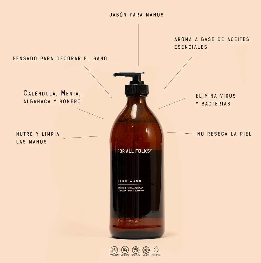 For all folks Jabón de Manos con Caléndula, Albahaca y Romero, Jabón Hidratante para Todo Tipo de Piel, Aroma Fresco y Relajante, 500ML.