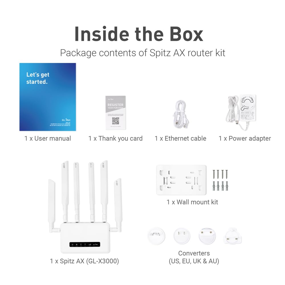 GL.iNet GL-X3000 (Spitz AX) 5G NR AX3000 Gateway Router Celular, Wi-Fi 6, Antenas Desmontables, Dual-SIM, Certificado para Dispositivos IoT de T-Mobile y AT&T, Ideal para RV