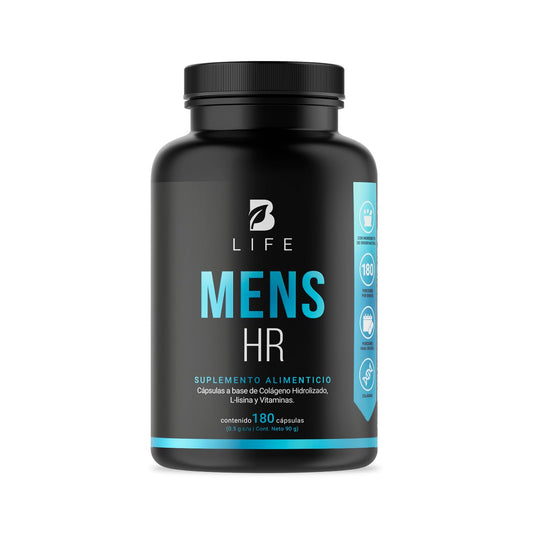 B Life Company Vitaminas para el Cabello del Hombre 180 Cápsulas 500 mg por cápsula. Colágeno Hidrolizado, L Lysina, Zinc, B5, B6, Biotina y D3. Ingredientes naturales. Mens HR.