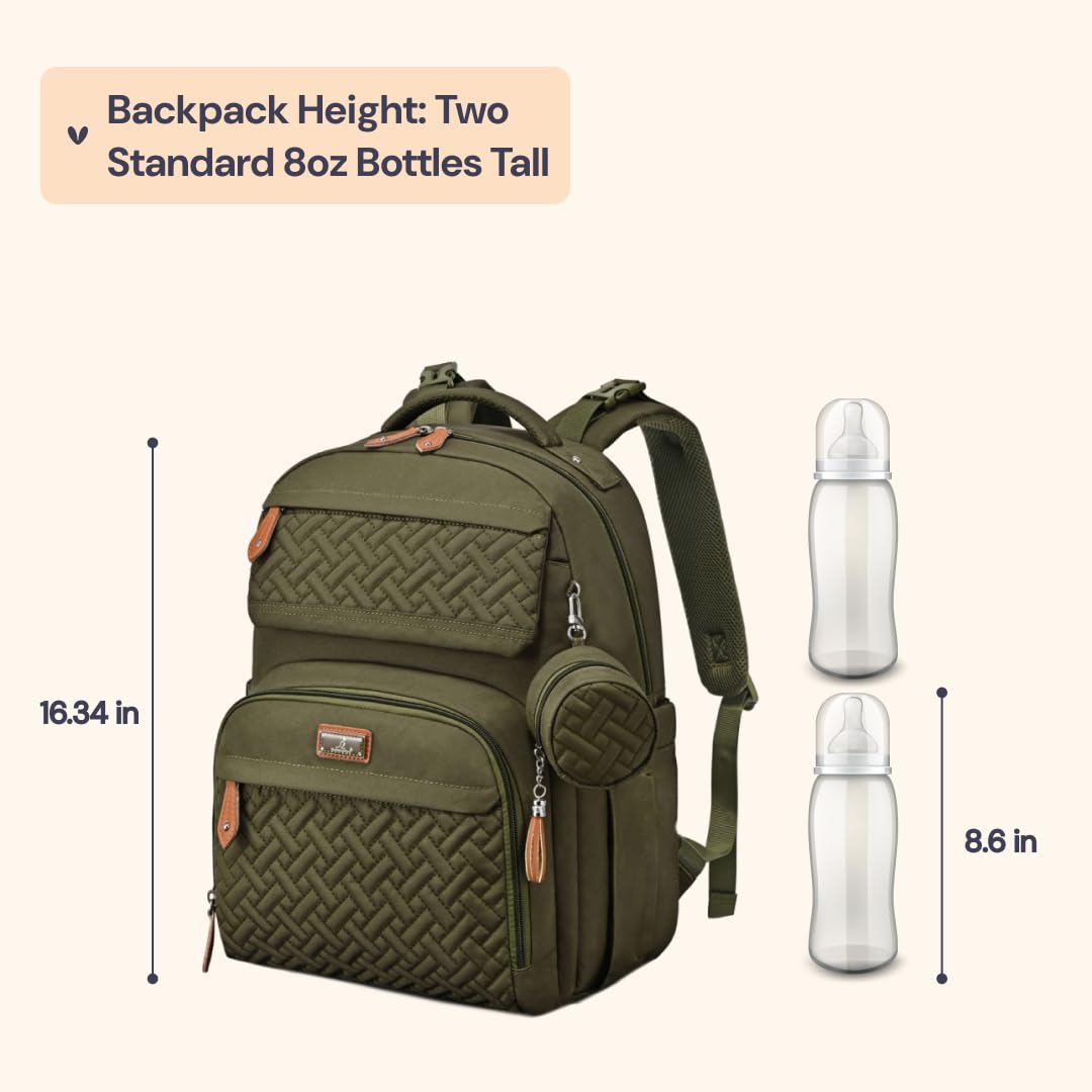 BabbleRoo - Mochila cambiadora para pañales, para bebé, unisex, con colchoneta cambiadora, portachupete y correas para carriola - Bolsa de viaje grande impermeable para niños y niñas, verde, 1 Count
