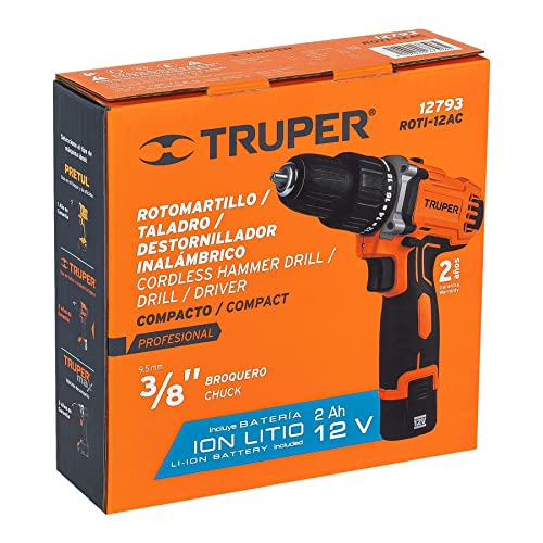 Truper ROTI-12AC, Rotomartillo compacto inalámbrico 3/8", 12 V con 1 batería de Ion Litio 2 Ah