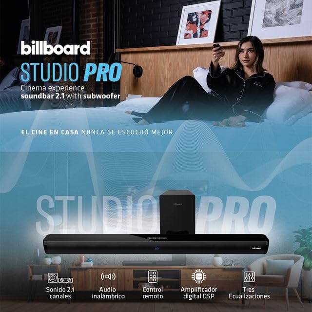 Billboard Barra De Sonido Studio Pro Cinema Expirience con Subwoofer | Conexión Inalámbrica | 3 Ecualizaciones | Conexiones HDMI ARC, Óptica, Entrada USB y Auxiliar 3.5 mm