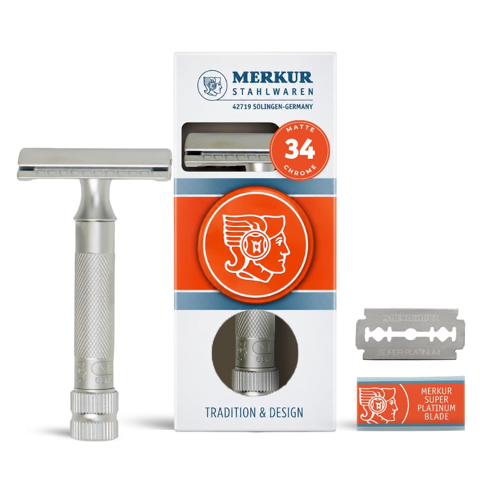 MERKUR Maquinilla de afeitar de seguridad de doble filo 34C - Cromo mate | Mango de latón moleteado de alta resistencia | Fabricada en Alemania | Sin plástico | Diseño de dos piezas | Peine cerrado |