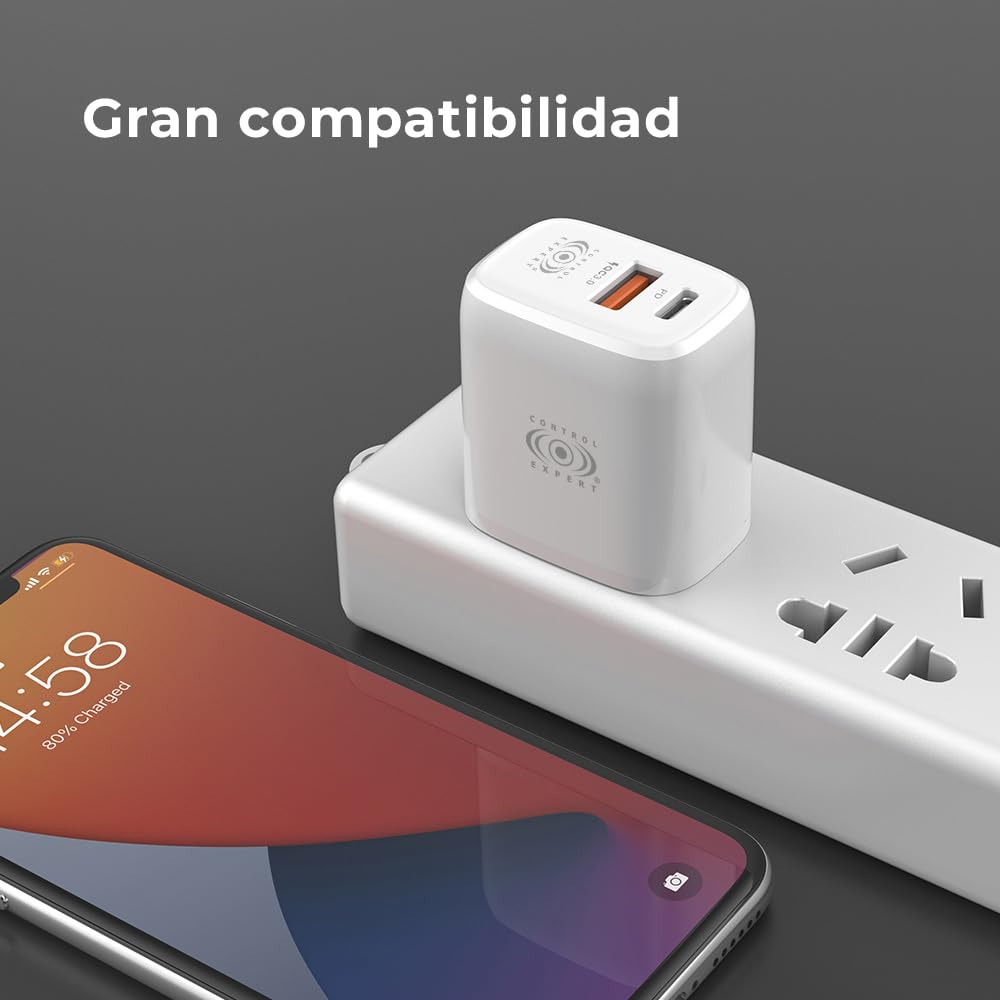 CONTROL EXPERT Turbo Cargador Tipo C y USB Puerto de Salida Universal PD 38W 12V 1.5A (Negro)