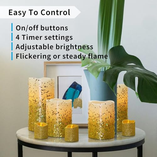 Furora LIGHTING Velas LED sin llama con mando a distancia, juego de 8, funciona con pilares y votivas de cera real, velas LED con llama parpadeante y temporizador, borde dorado…