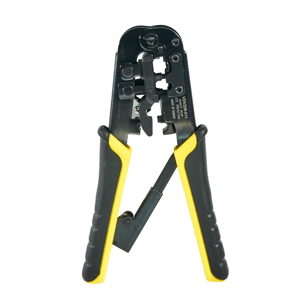 Klein Tools VDV226-817| Kit de instalación modular todo en uno |Corta, pela y poncha cables de voz y datos |Crimpado preciso y seguro |Crimpadora de terminales |Herramientas |Con conectores | Amarillo