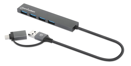 MANHATTAN Hub USB 181006 con 4 Puertos USB 3.2 Gen 1, con Conector Adaptable de USB-A a USB-C, SuperVelocidad de 5 Gbps, Alimentación por Bus, Fabricado en Aluminio, Gris Espacial
