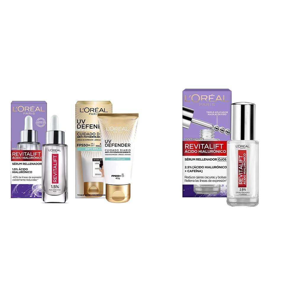 Kit Serum Facial L'Oréal Paris Revitalift Ácido Hialurónico con Bloqueador Solar Anti Brillo UV Defender FPS 50 Más Serum de Ojos Anti Líneas de Expresión, 20 ml