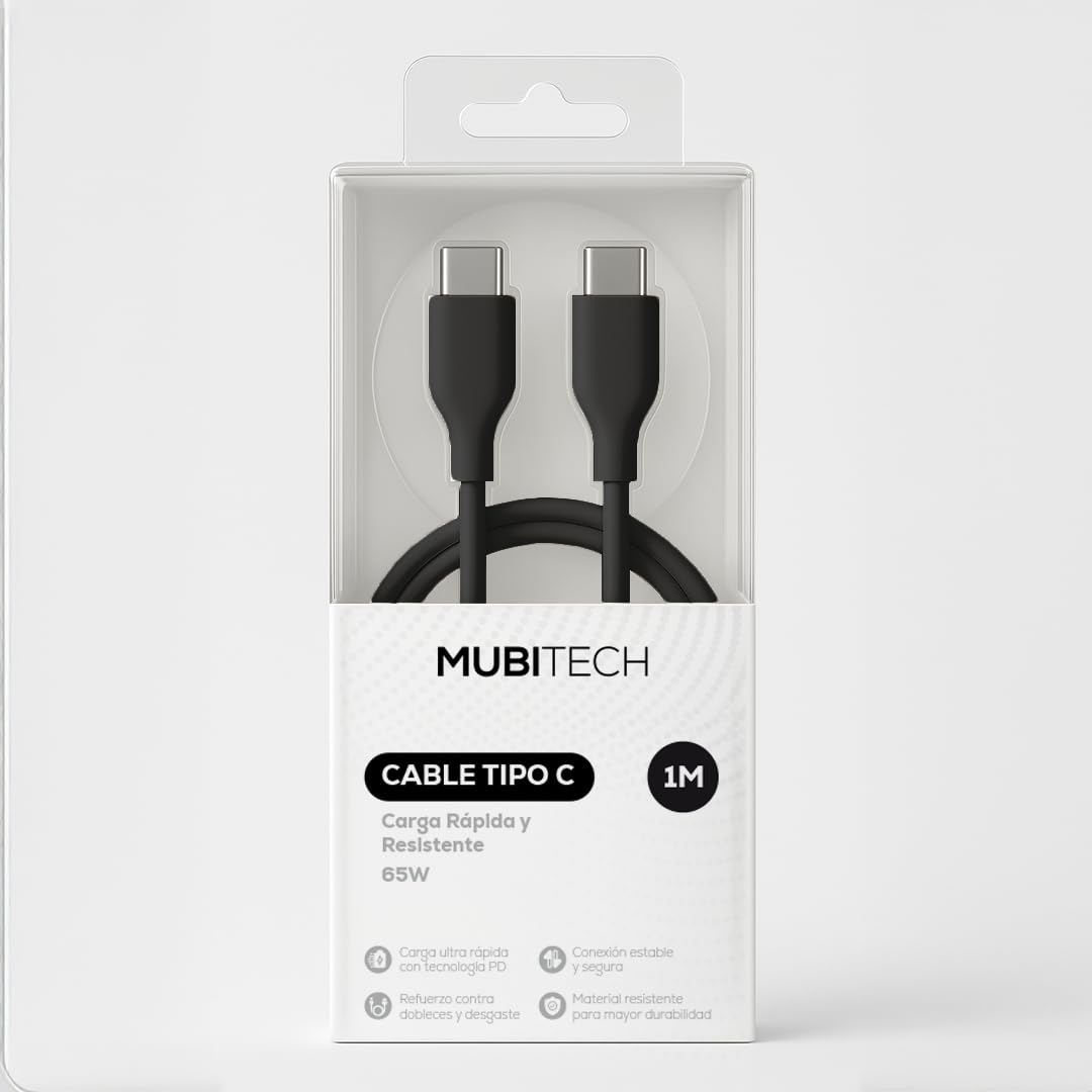 Cable Tipo C MUBITECH Negro Carga Rápida 65W para Dispositivos Tipo C