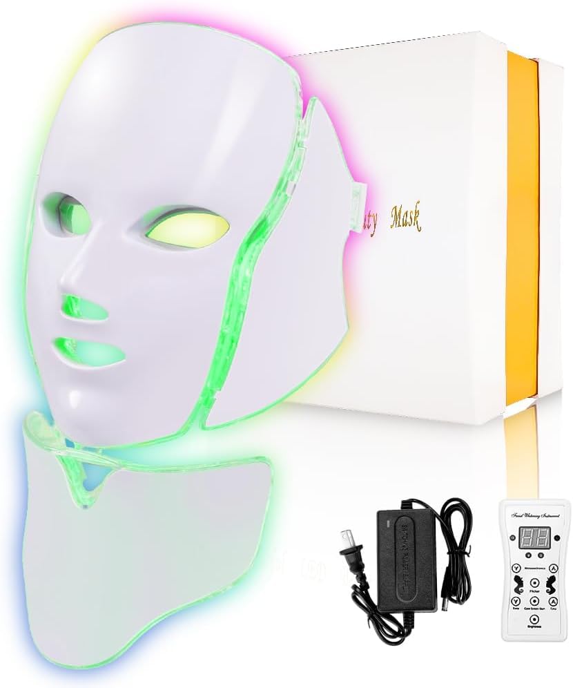 Máscara LED Cuello de La Cara Anti Arrugas Eliminación de Acné Máquina, Mascarilla LED para El Cuello, Herramientas para El Cuidado de La Piel con Mascarilla de 7 Colores