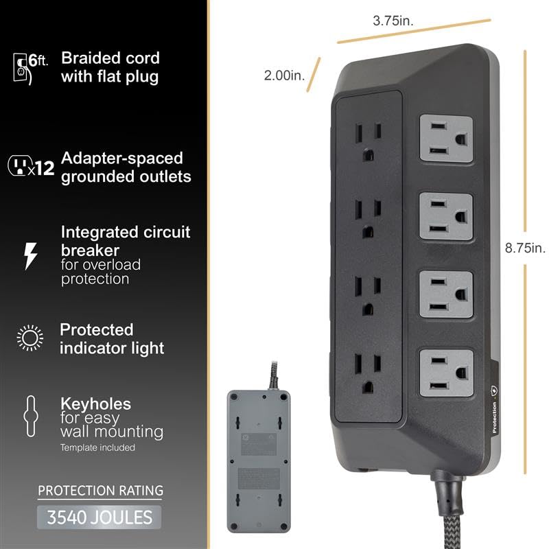 GE UltraPro Adapt 74542 - Protector de sobretensiones de 12 Tomas, Cable Trenzado de 6 pies, 3540 Julios, Negro, 74542