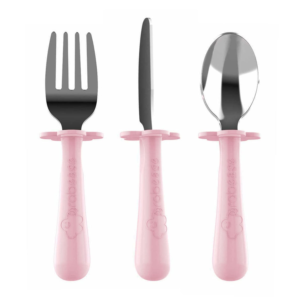 Grabease Juego de utensilios de acero inoxidable de 3 piezas para alimentación independiente: tenedor, cuchara y cuchillo de seguridad para 18 meses en adelante; BPA, PVC, sin plomo ni ftalatos y apto para lavavajillas (rosa rubor)