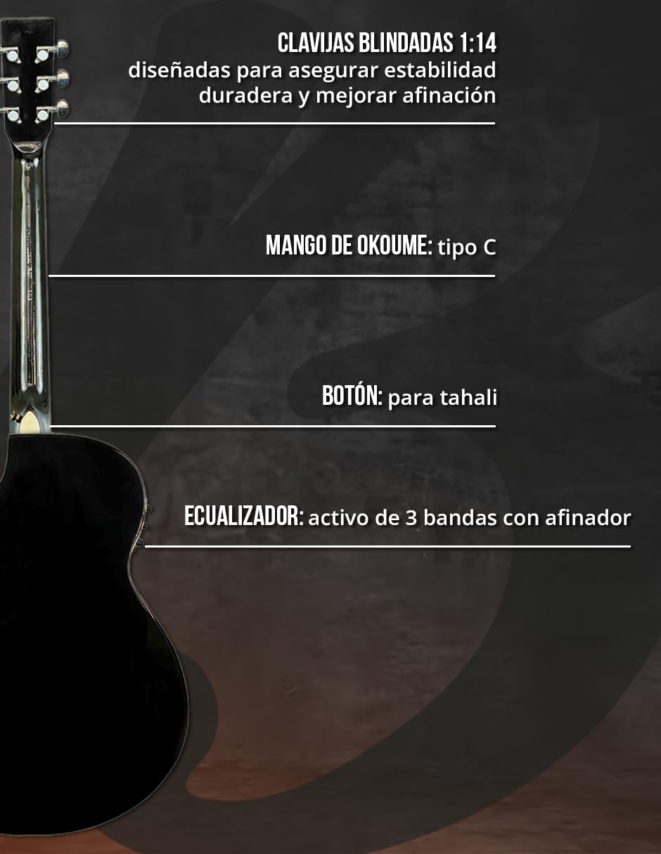 BAMBOO, Guitarra Electroacustica Negra Linden 40 - Incluye Funda - Guitarra Acustica con corte y equalizador para principiantes.