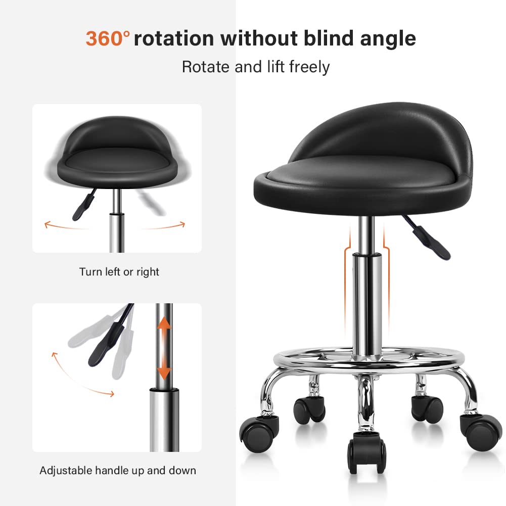 KKTONER Taburete de Cuero Artificial con Respaldo Giratorio Taburete con Ruedas de Altura Ajustable con Ruedas para Pintar Tatuaje Masaje SPA Tienda Taburete de Trabajo con Pedal (Negro)