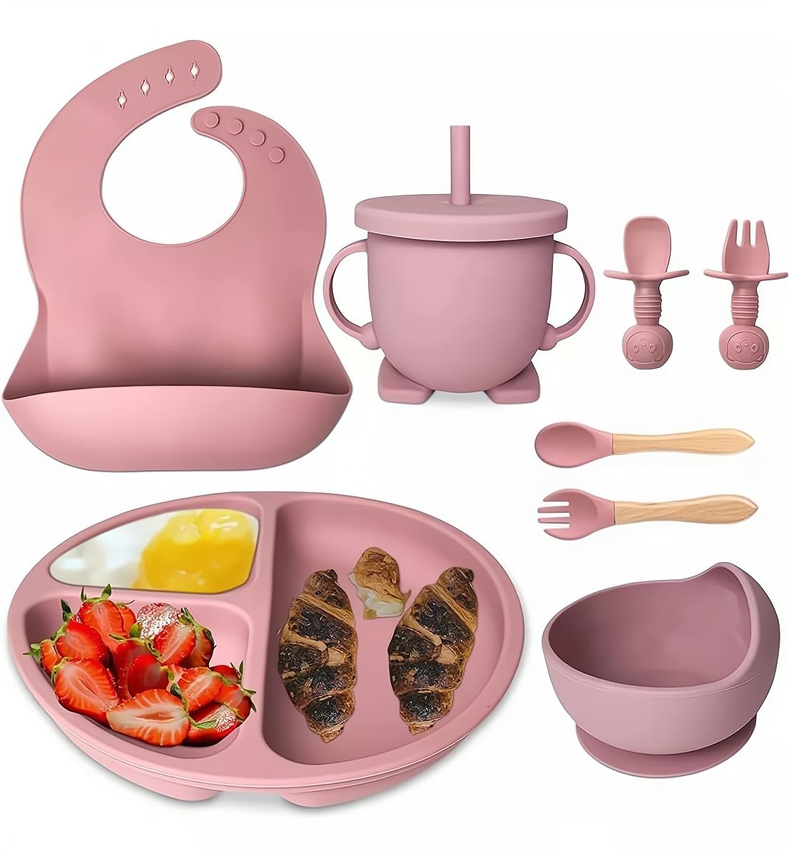 Set de Platos y Cubiertos Babe Rosa con Ventosas para Bebé