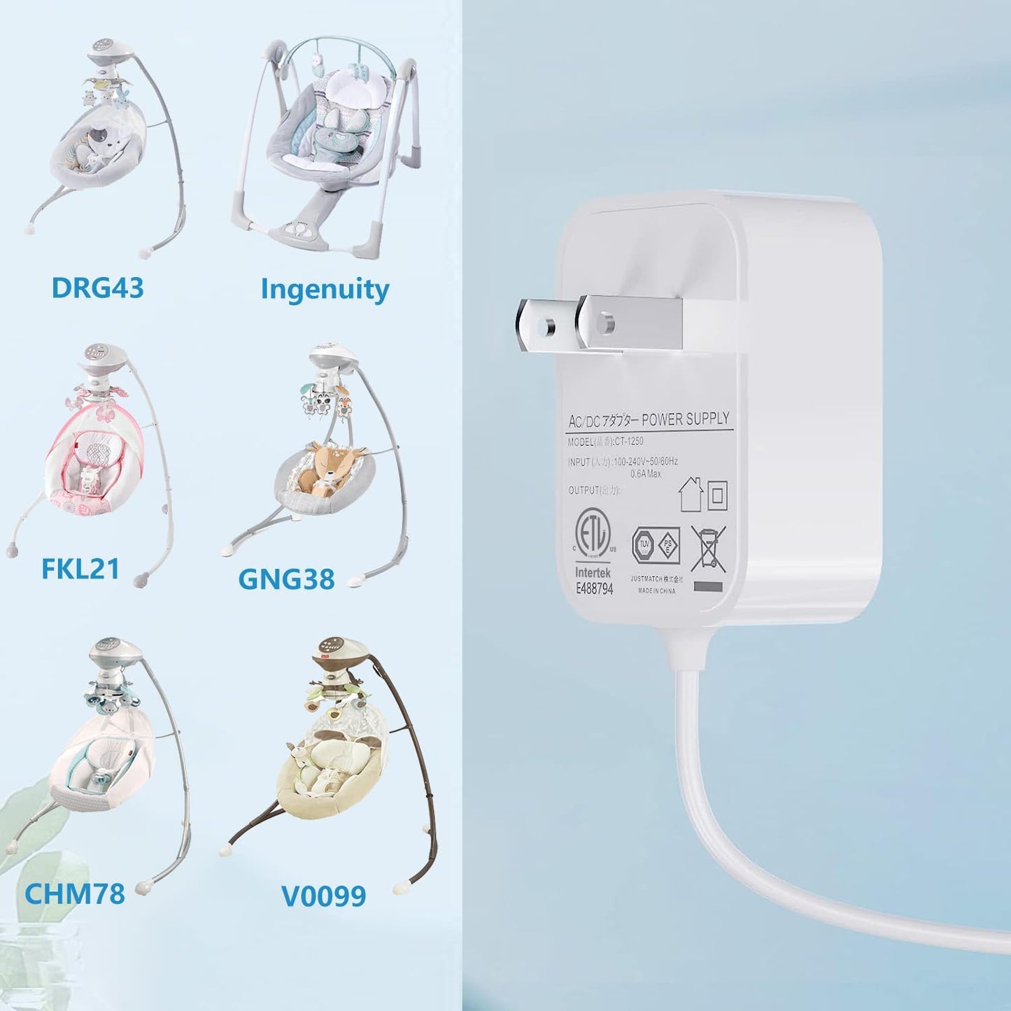 Cable Adaptador 6 V VHBW para Fisher Price Ingenuity y Cradle Swing Rainforest en Butterfly Ocean Wonders