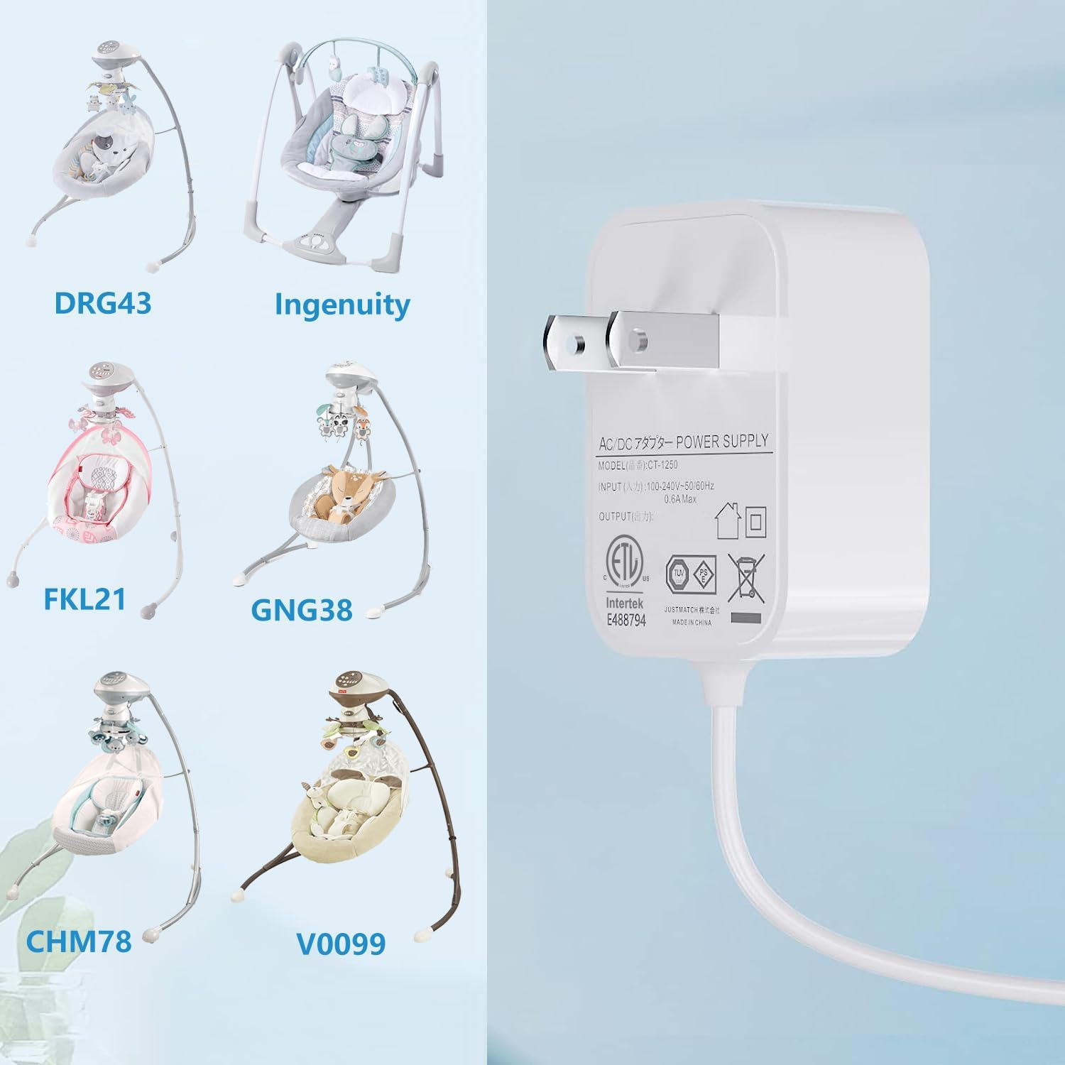 Cable Adaptador 6 V VHBW para Fisher Price Ingenuity y Cradle Swing Rainforest en Butterfly Ocean Wonders