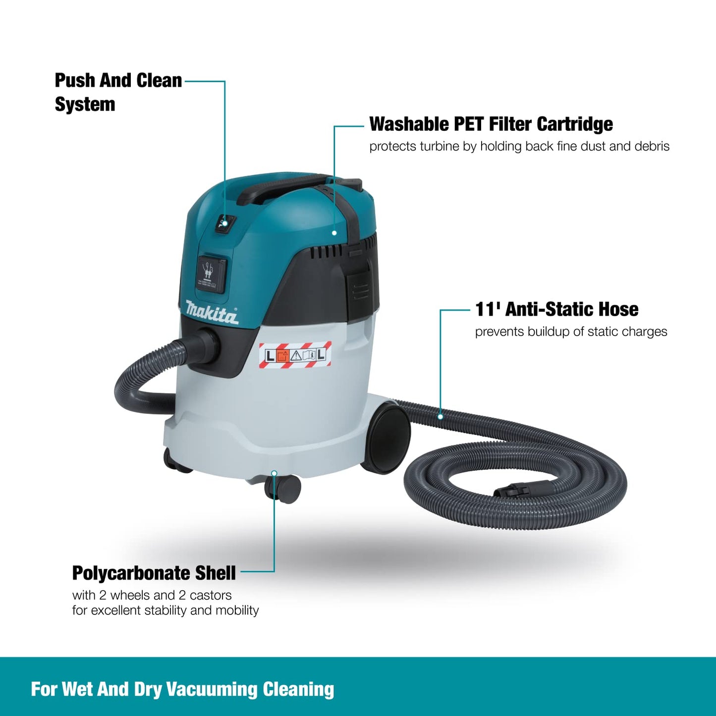 Makita VC2512L Extractor de Polvo de 25.0 L Push and Clean Clase L (9.4 Amp) para Limpieza en húmedo y seco