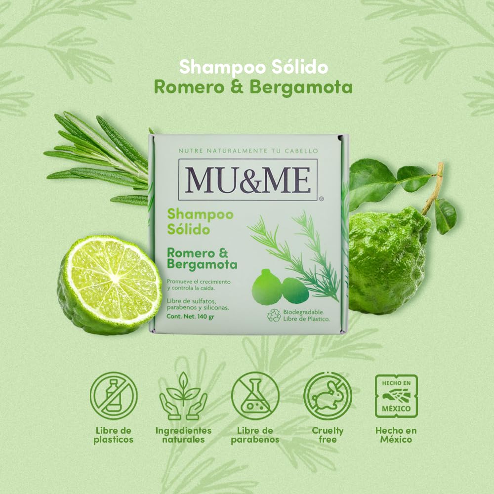 MU&ME Shampoo en Barra para Crecimiento y Control - Shampoo de Romero para el Cabello Natural Hecho en México - Sin Sulfatos ni Parabenos e Hidratante - Biodegradable (Romero & Bergamota) (140gr)