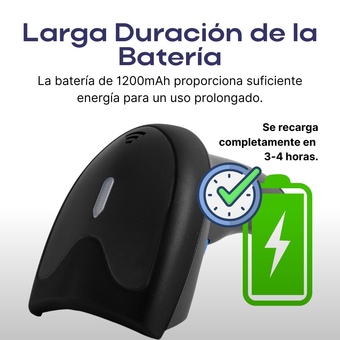 Escáner de Código de Barras 2D Inalámbrico Bluetooth Alta Velocidad 65m para Inventario y Punto de Venta