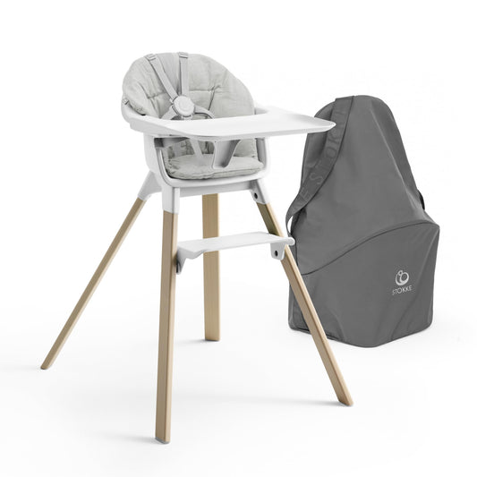 Silla Stokke Clikk con cojín Clikk (gris nórdico) + bolsa de viaje - Incluye bandeja y arnés - Ligera, duradera y fácil de transportar - Ideal para bebés de 6 a 36 meses o hasta 15 kg