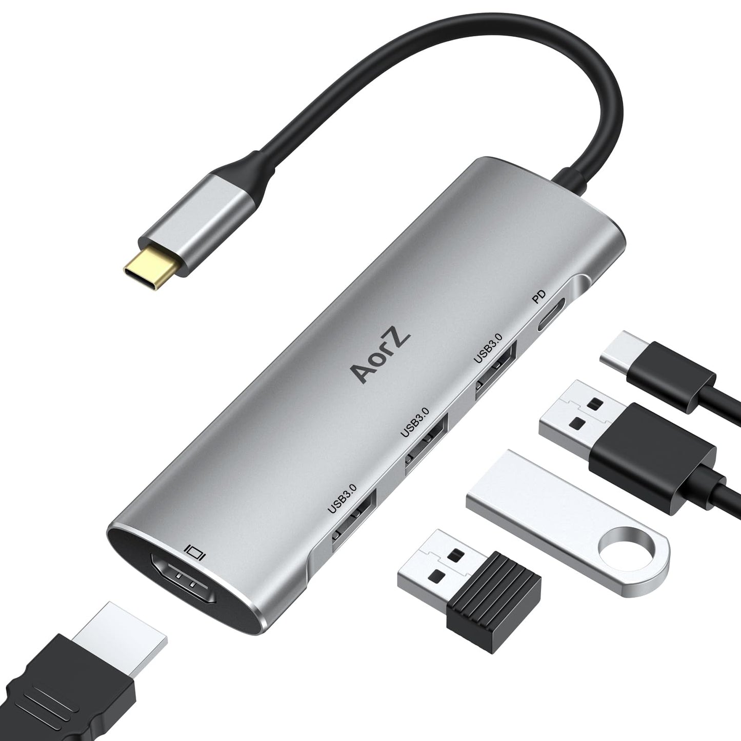 Hub USB C, adaptador multipuerto USB C 4K a 60Hz AorZ 5 en 1 adaptador USBC a HDMI con 1 salida HDMI 4K, 3 puertos USB 3.0, 1 PD, adaptador para MacBook, cubierta de vapor y la mayoría de dispositivos