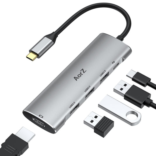 Hub USB C, adaptador multipuerto USB C 4K a 60Hz AorZ 5 en 1 adaptador USBC a HDMI con 1 salida HDMI 4K, 3 puertos USB 3.0, 1 PD, adaptador para MacBook, cubierta de vapor y la mayoría de dispositivos