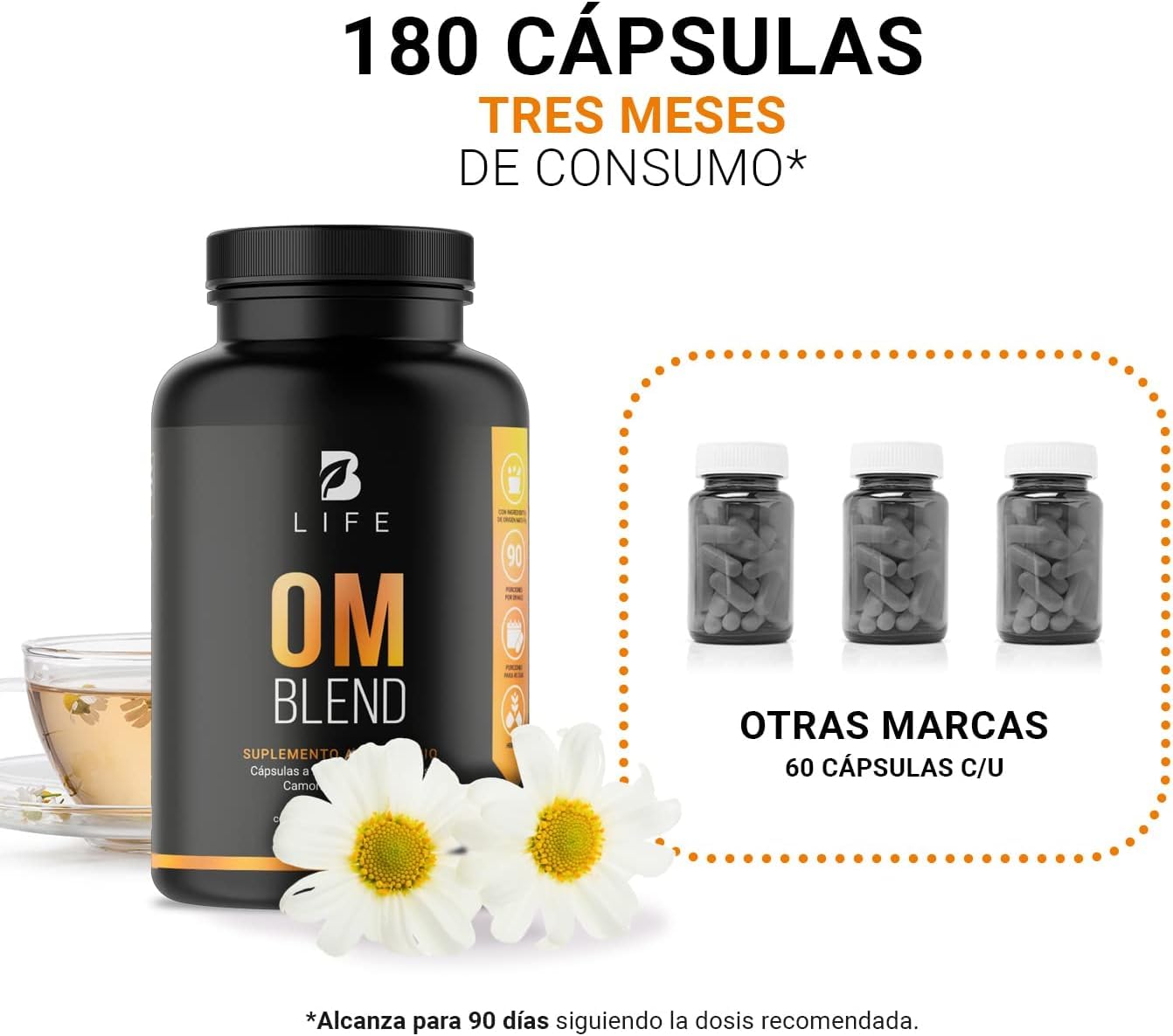 Gaba, Camomila, L-Tirosina, L-Teanina y Vitamina B1. 180 Cápsulas 500 mg. Ingredientes naturales. Om Blend B Life
