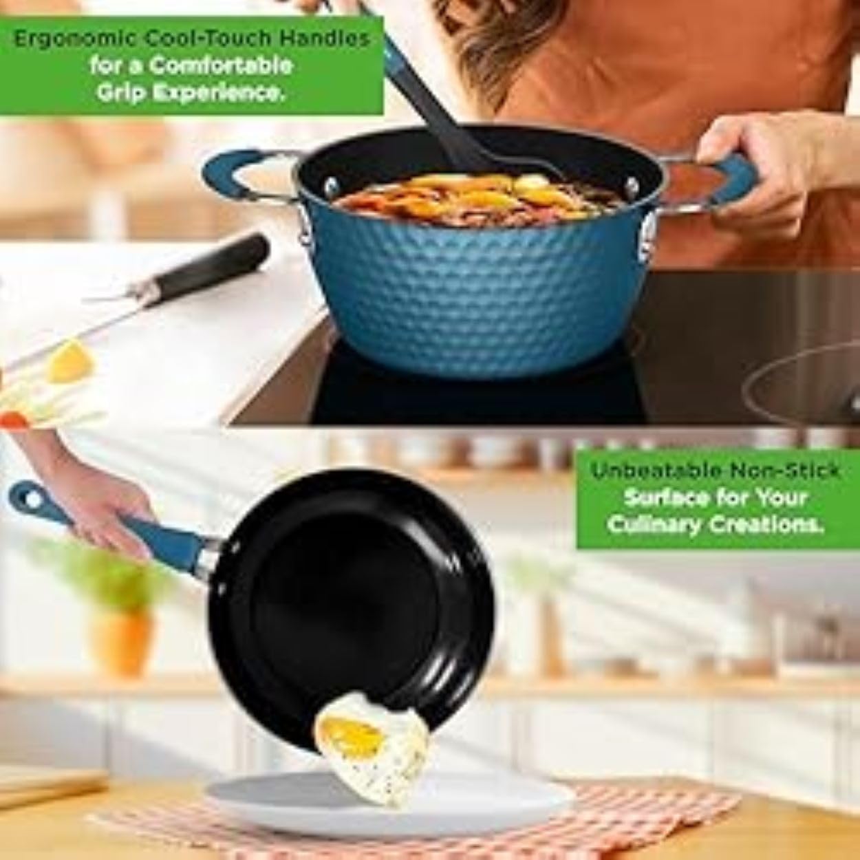 nutrichef Nonstick Cookware Excilon, Home Kitchen Ware Pots Pan Set with Saucepan, Frying Pans, Cooking Pots, Lids, Utensil PTFE/PFOA/PFOS Free, 11 Pcs, Azul Royal