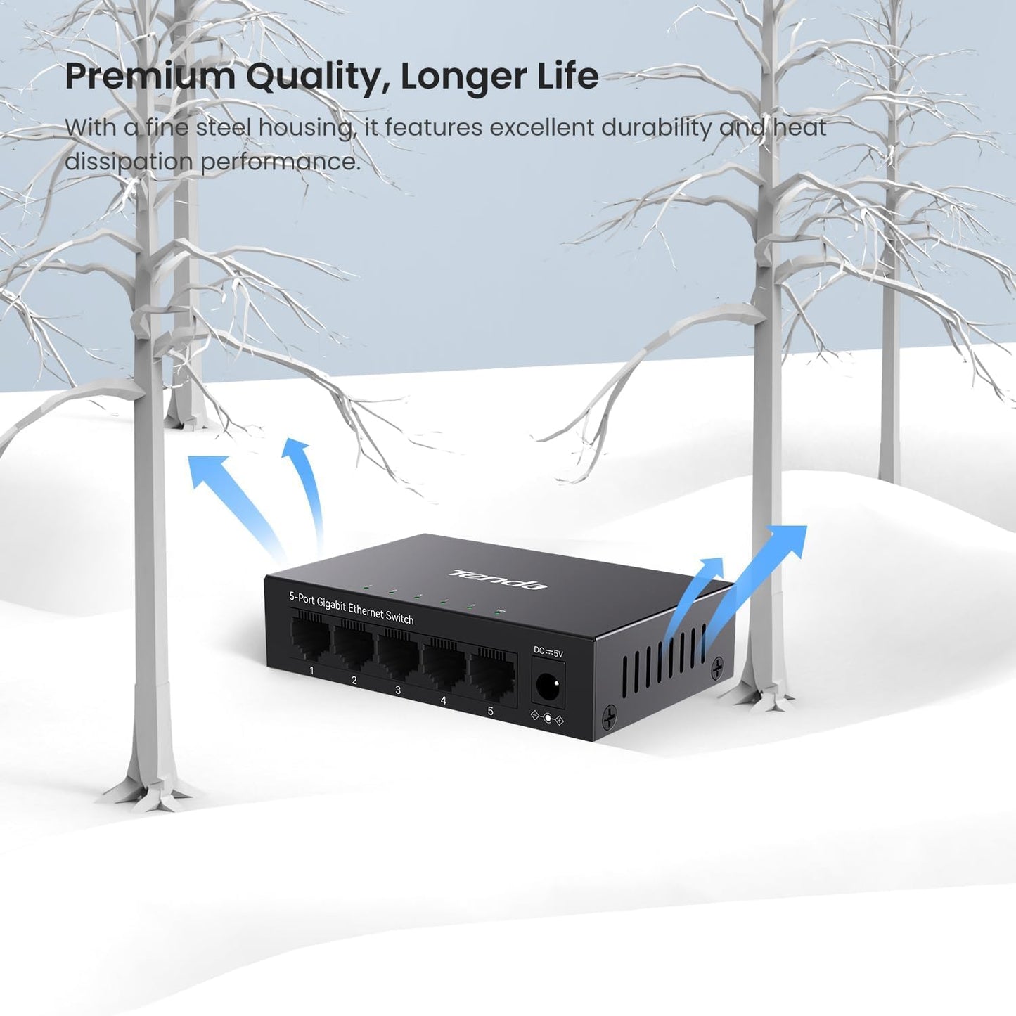 Tenda TEG1005D Conmutador Gigabit de 5 Puertos, Conmutador Ethernet no gestionado, Divisor de Red con optimización de tráfico, Plug & Play, Conmutador de Red de diseño metálico sin Ventilador