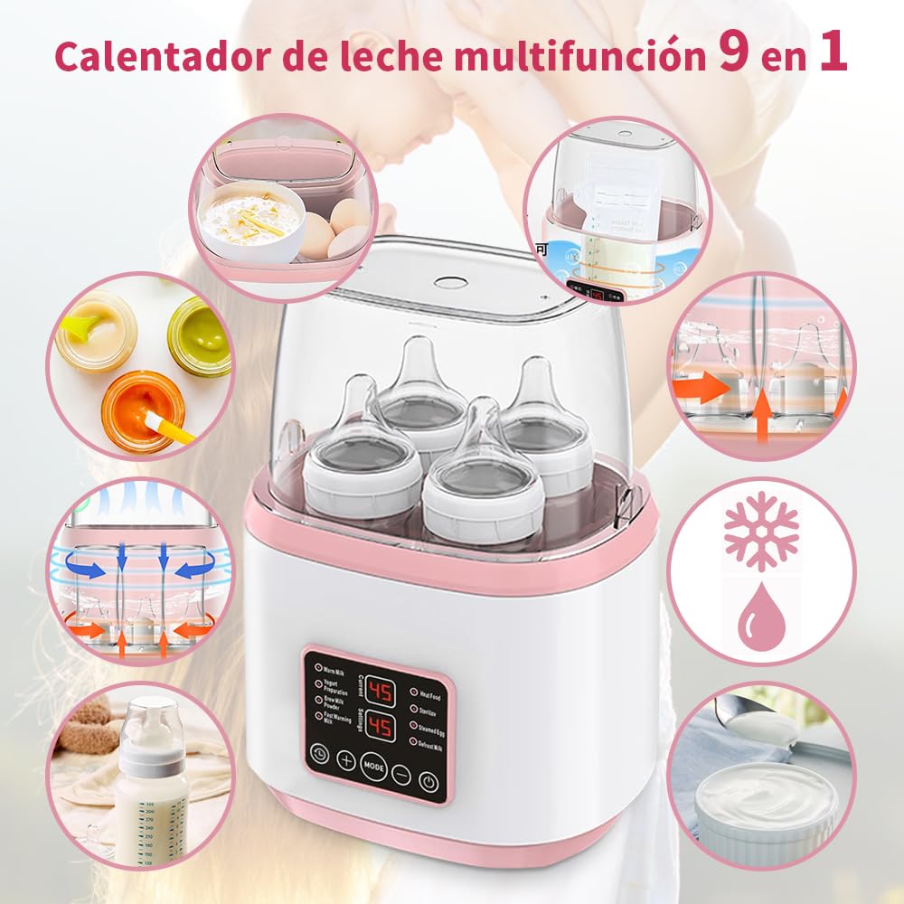 JESWO Calentador de Biberones con Control Remoto, Esterilizador de Biberones Multifuncional 9 en 1, Calienta Biberones para 4 Biberones, Calentador de Mamilas Modo Constante de 24H, Sin BPA