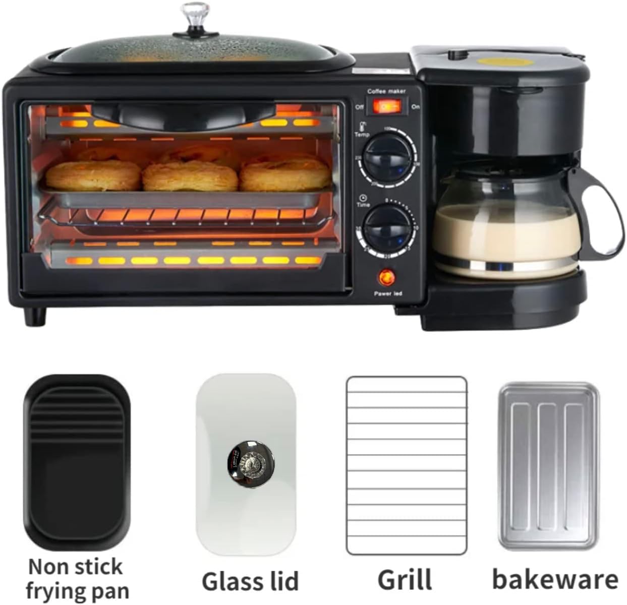 BYHIP Estación de desayuno 3 en 1 – Incluye cafetera, plancha antiadherente y horno tostador de 4 rebanadas, versátil máquina de desayuno con temporizador adecuado para