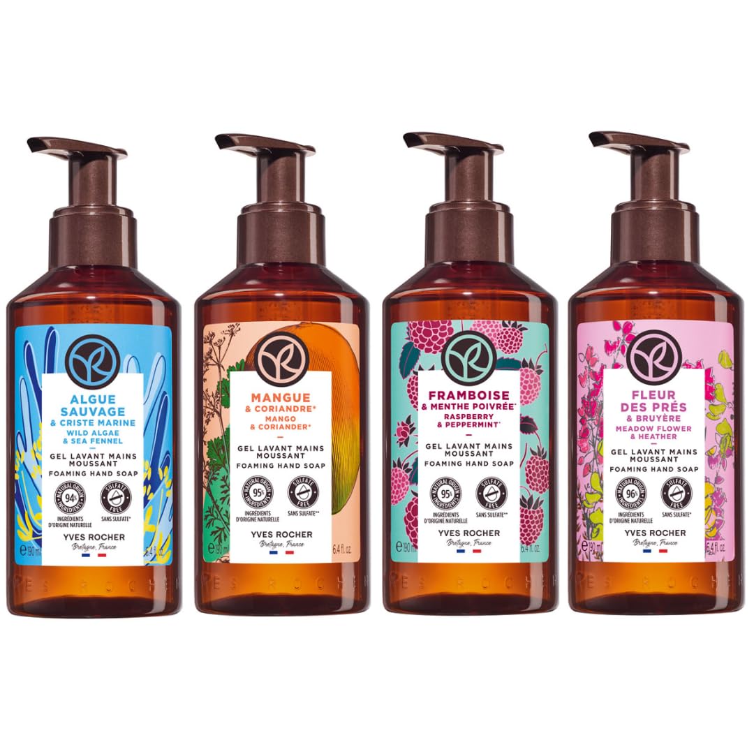 Yves Rocher 4 PACK jabón líquido para manos aromas ENERGIZANTES - ESTIMULANTES: Alga Slavaje + Mango y Cilantro + Frambuesa y Hierbabuena + Flor silvestre (190 ml C/U)