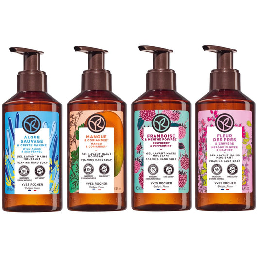 Yves Rocher 4 PACK jabón líquido para manos aromas ENERGIZANTES - ESTIMULANTES: Alga Slavaje + Mango y Cilantro + Frambuesa y Hierbabuena + Flor silvestre (190 ml C/U)