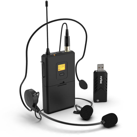 FIFINE - Micrófonos inalámbricos para Ordenador, Sistema de micrófono inalámbrico USB para PC y Mac, Auricular UHF con Receptor USB, transmisor, Auriculares y Clip Lavalier Solapa Mic-K031B